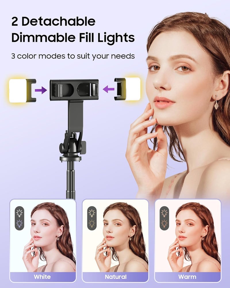 Aklima 53'' Selfie Stick Tripod with Light, Enhanced 4-Leg Cell Phone Stand Camera Tripod with Rechargeable Wireless Remote & 2 Fill Light, Portable Selfie Stick Travel Essentials for iPhone Android - Image 2